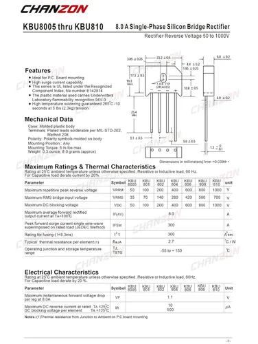 Miniatura 2 de Chanzon KBU808 Puente Rectificador Diodo 8A 800V KBU-4 (SIP-4) Monofásico, Onda Completa 8 Amp 800V Diodos de Silicio Electrónicos