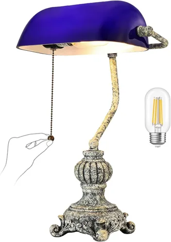 Miniatura 8 de Lámpara de Escritorio de Banqueros Retro de Cristal Ámbar con Interruptor de Cadena de Tirar para Oficina en Casa, Biblioteca, Accesorio Enchufable