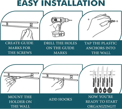 Miniatura 7 de Soporte magnético para cuchillos de pared, tira magnética de acero inoxidable de 18 pulgadas, soporte magnético para cuchillos de pared con ganchos