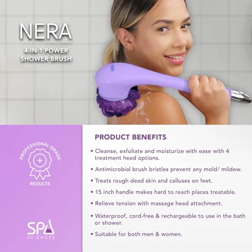 Miniatura 3 de Spa Sciences - NERA - Cepillo corporal 4 en 1 para ducha/baño para exfoliación, limpieza profunda, cuidado de pies, infusor de loción y masaje