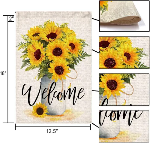 Miniatura 4 de Hexagram Bandera de jardín de bienvenida de verano de girasol de 12 x 18 pulgadas, banderas de jardín de temporada al aire libre, banderas