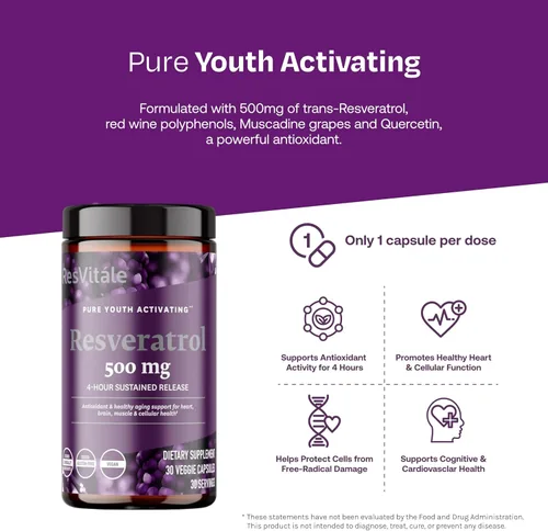 Miniatura 3 de ResVitále Resveratrol 500 mg - Suplemento de resveratrol para hombres y mujeres - 30 cápsulas vegetales