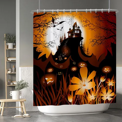 Miniatura 35 de Cortina de ducha de fantasma y gato negro para niños, 36 x 72 pulgadas, espeluznante y bonita, cortina de baño de Halloween con 6 ganchos, cortina