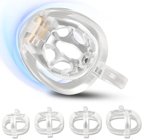Miniatura 14 de Jaula de castidad impresa en 3D con 4 anillos diferentes, jaula de pene masculina con ganchos y cerraduras ocultas, dispositivo de castidad