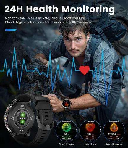 Miniatura 5 de SUNKTA Relojes inteligentes militares para hombres, batería grande de 530 mAh, monitor de frecuencia cardíaca AMOLED de 1.43 pulgadas, monitor