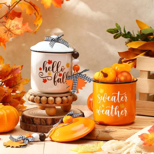 Miniatura 5 de Tanlade Tazas de café de otoño de Acción de Gracias, tazas blancas y naranjas con tapa, taza de cerámica con lazo a cuadros de búfalo y cuentas