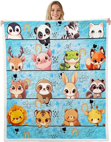 Miniatura 10 de Manta de franela de animales de dibujos animados para todas las estaciones, manta de cama azul con estampado de amor Kawaii para decoración