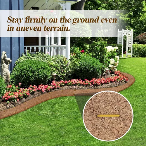 Miniatura 2 de Mantillo natural para paisajismo de 120 x 6.3 pulgadas, rollo de fibra de coco con 16 estacas de acero en forma de U, borde de jardín, barrera