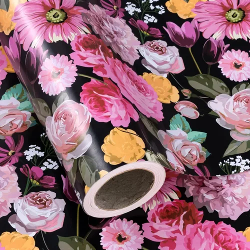 Miniatura 2 de WRAPAHOLIC Papel de regalo floral reversible, mini rollo, 17 pulgadas x 33 pies, diseño floral colorido negro para cumpleaños, día de la madre