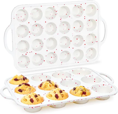 Miniatura 28 de CAKETIME Molde para mini muffins, molde para mini cupcakes con marco reforzado de metal, moldes para muffins de silicona antiadherentes con asa