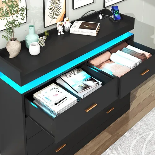 Miniatura 8 de Hlivelood Cómoda de 8 cajones con luz LED y estación de carga, cómoda moderna para armario, armario organizador de cajones anchos para dormitorio