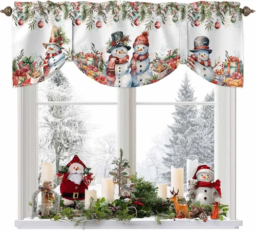 Miniatura 5 de Cenefa de amarre de muñeco de nieve de dibujos animados para ventanas de cocina, bolas de Navidad, ramas de hojas, cenefas de cortina de 42 x 12
