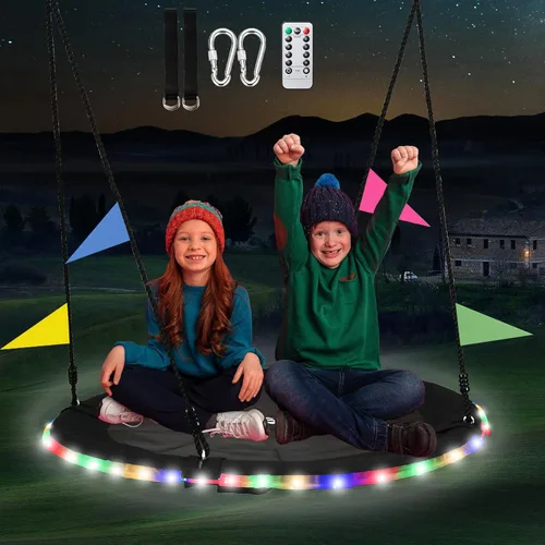 Columpio de árbol de 40 pulgadas con luz LED para niños, columpio de platillo volador de 900 libras, con correas ajustables para colgar, para