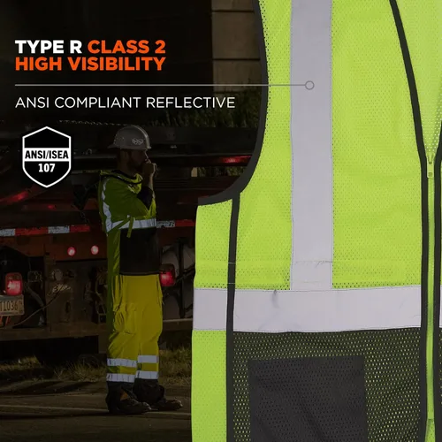 Miniatura 2 de Ergodyne GloWear 8210Z-BK - Chaleco de seguridad clase 2, malla de alta visibilidad, reflectante, frente negro, cremallera Lima