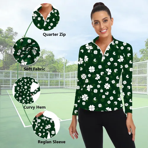 Miniatura 147 de WOWENY Camiseta deportiva de manga larga para mujer, con cremallera de un cuarto, cuello para entrenamiento, camiseta de tenis con estampado