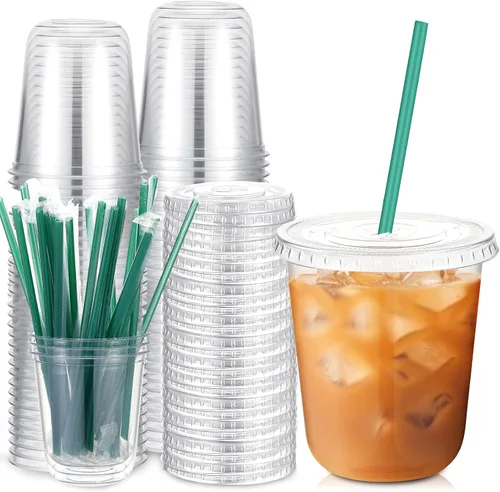 Miniatura 14 de Baderke Juego de 25 vasos de plástico con tapas y pajitas, tazas de plástico desechables para café helado, jugo, batido, cristal para cafeterías