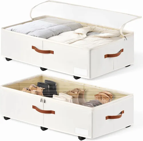 Almacenamiento Grande Debajo de la Cama de 60L con Ruedas Paquete de 2, Contenedor de Zapatos Debajo de la Cama con Tapa Transparente, Cajón Rodante