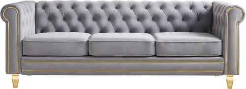 Miniatura 10 de Sofá Chesterfield de terciopelo de 84 pulgadas, sofá moderno de 3 plazas de mediados de siglo con brazos enrollados, marco de madera maciza y patas
