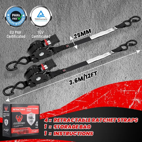 Miniatura 6 de Correas de trinquete retráctiles, paquete de 4, correas de amarre autorretráctiles de resistencia a la rotura de 1500 libras, correas de trinquete