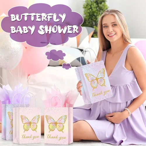 Miniatura 6 de Leinuosen 16 juegos de bolsas de regalo de mariposa para fiestas, bolsas de regalo de mariposa con papel de seda, bolsas de regalo florales rosas