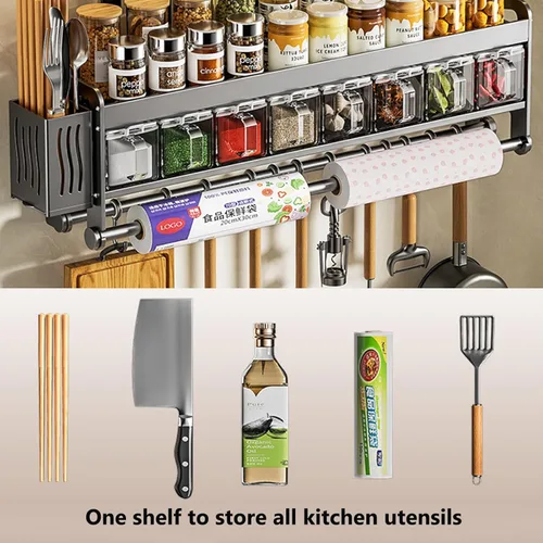 Miniatura 8 de Cuchillo colgante de pared para montaje en pared, taza de condimentos, estante de cuchillos que ahorra espacio con ganchos, organizador de cocina