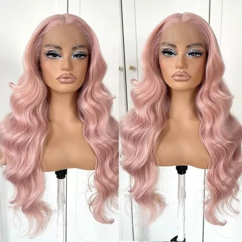 Miniatura 14 de #27 Peluca de encaje frontal rubia miel sin pegamento, onda corporal, pelucas de encaje frontal sintéticas prediseñadas, con línea de cabello