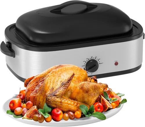 Horno asador eléctrico de 14 cuartos de galón, horno asador de pavo, tapa de autofundación, bandeja extraíble, control de temperatura de rango