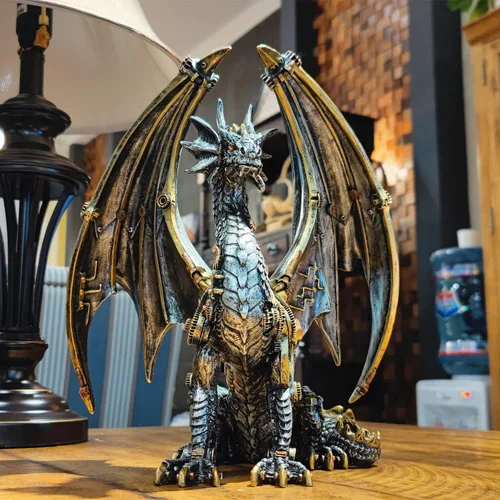 Miniatura 3 de Estatua de dragón steampunk gótica retro equipo mecánico sentado dragón de aspecto metálico, escultura de resina para el hogar, decoración de cuevas