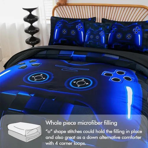 Miniatura 6 de PERFEMET Juego de ropa de cama tamaño Twin en una bolsa, 6 piezas, juego de ropa de cama gaming para niños, edredón azul gamer con juego de sábanas