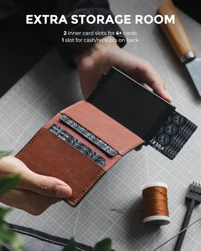 Miniatura 4 de VULKIT Tarjetero RFID Bloqueo de Cuero Automático Pop Up Cartera Aluminio Slim Pocket Tarjeta de Visita
