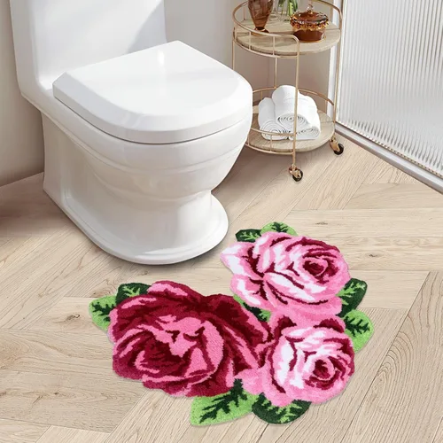 Miniatura 2 de Alfombras de baño de rosas rojas, alfombras de inodoro en forma de U, lavables, gruesas, suaves, antideslizantes, alfombras de área de flores Rojo