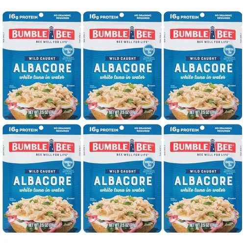 Miniatura 19 de Bumble Bee - Atún blanco de aleta Albacore en agua en sobres de 71 g - Paquete de atún capturado de forma salvaje listo para comer - 16 g