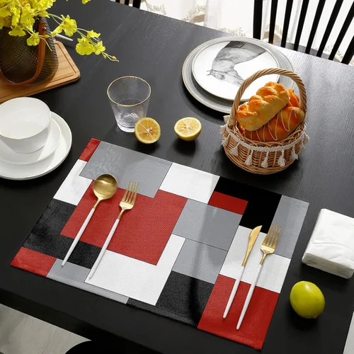 Miniatura 4 de Juego de 4 manteles individuales de color rojo, negro y gris, manteles individuales con aislamiento térmico antideslizantes, lavables, manteles