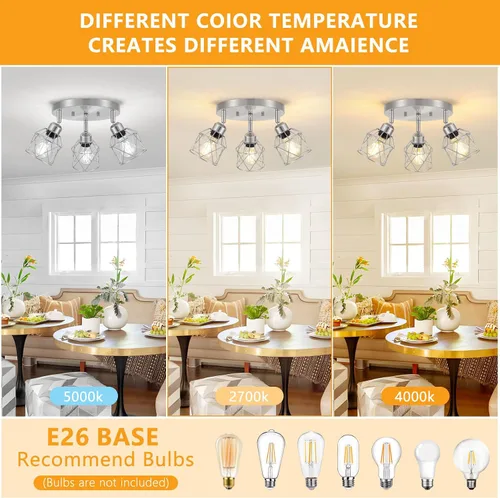 Miniatura 6 de Baocuz Lámpara de techo semiempotrada de níquel cepillado de 3 luces, luminarias de cocina ajustables montaje al techo base E26, luces de techo