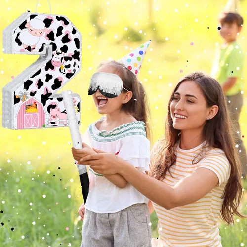 Miniatura 6 de Jexine Piñata de vaca número 2 de 16 pulgadas, granja de vacas rosadas, 2ª piñata, fiesta, suministros de fiesta de cumpleaños con palo vendados