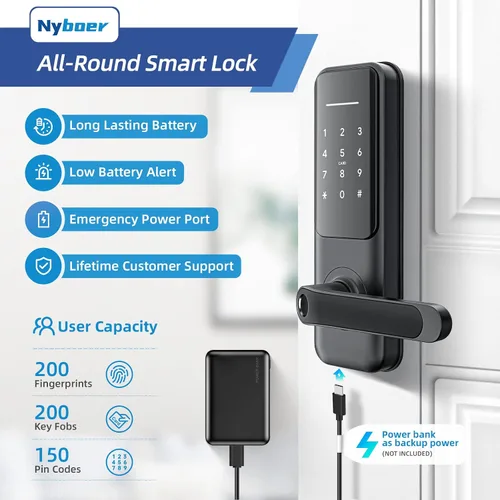 Miniatura 5 de Nyboer Cerradura de puerta inteligente WiFi, entrada sin llave con huella digital, teclado, acero inoxidable, acero de aleación