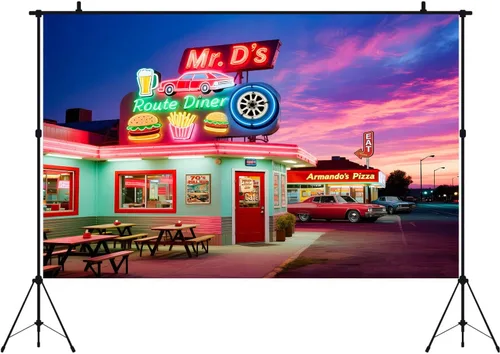 Miniatura 3 de HANYING Fondo retro para cena de los años 50, Ruta 66 Restaurante Ciudad Nocturna, Fondo de Fotografía, 7 x 5 pies, Decoración de fiesta