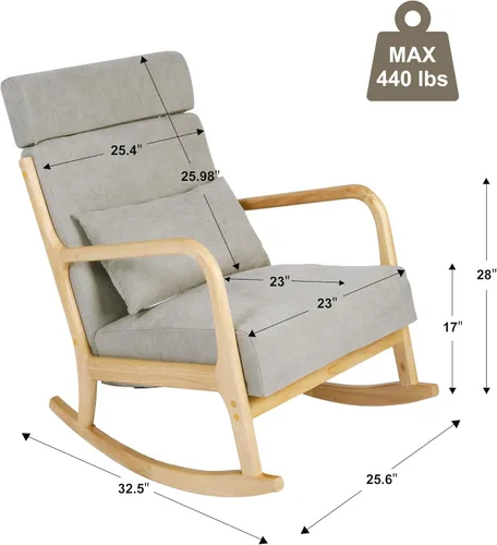 Miniatura 2 de Mecedora deslizante de madera maciza, silla decorativa tapizada con respaldo alto, mecedora para guardería, silla mecedora para sala de estar, Gris