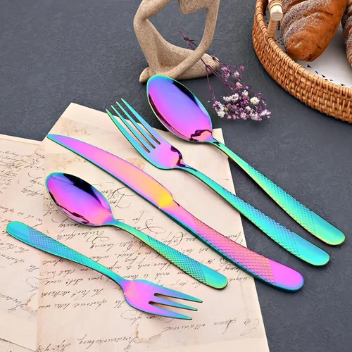 Miniatura 2 de JASHII Rainbow - Juego de cubiertos martillados, 20 piezas de utensilios de cocina de acero inoxidable de alta calidad, para 4, incluye tenedor