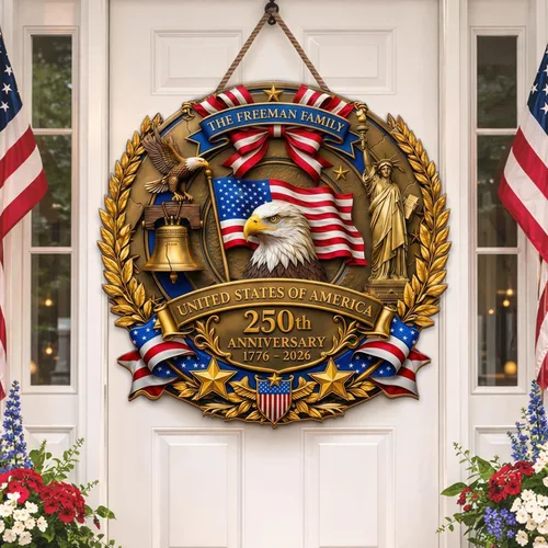 Miniatura 13 de NAZENTI Letrero personalizado para puerta del 4 de julio con nombre familiar, coronas de puerta personalizadas para 250 aniversario de Estados