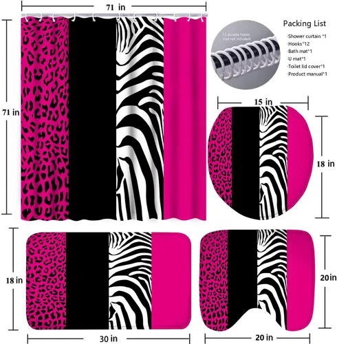 Miniatura 6 de Poedist - Juego de cortinas de ducha para baño, 4 piezas, estampado de leopardo rosa, estilo brillante, incluye cortinas de ducha y tapetes