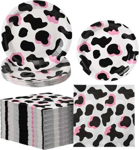 Miniatura 8 de Yaomiao 120 piezas de suministros de fiesta de vaquera vaquera, platos con estampado de vaca y servilletas para niñas y niños, decoración