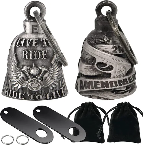 Dream Apparel Paquete de 2 campanas de motocicleta, ángel de la guarda para motociclista, hombres y mujeres, montar con perchas, Drive Away Gremlins