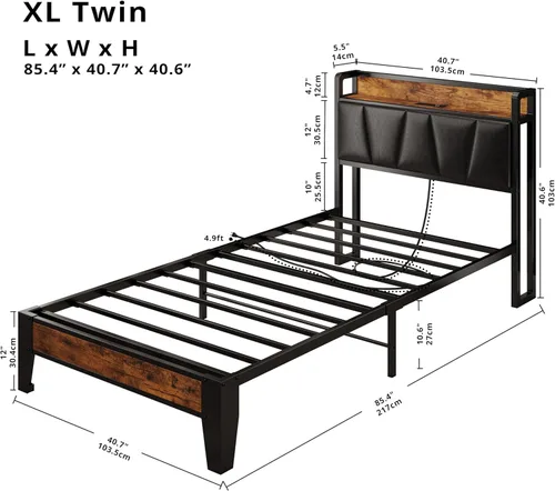 Miniatura 110 de LIKIMIO Base de cama Queen, cabecera de almacenamiento con estación de carga, sólida y estable, sin ruido, no necesita somier, fácil montaje Vintage