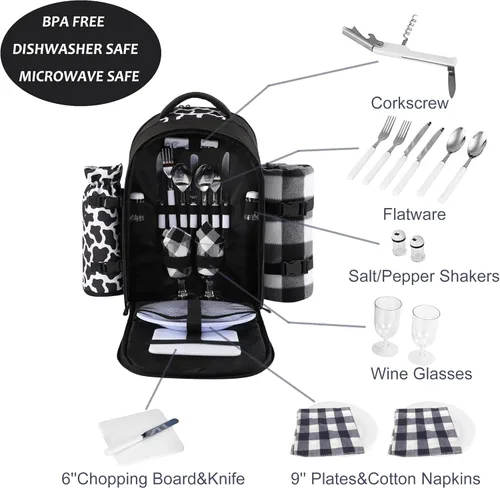 Miniatura 2 de apollo walker - Mochila para picnic para 2 personas con compartimento refrigerado, soporte desmontable para botella/vino, manta de forro polar