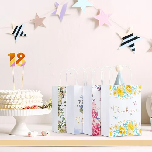 Miniatura 4 de Kesote Bolsas pequeñas de regalo de agradecimiento, paquete de 12 bolsas de agradecimiento con diseño floral con asas, 8.6 x 6.2 x 3 pulgadas