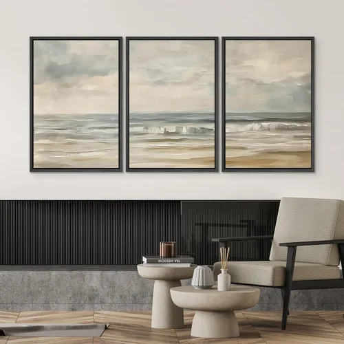 Miniatura 2 de SIGNWIN Lienzo enmarcado para pared, juego de arte abstracto de serenidad costera, ilustraciones abstractas junto al mar, arte moderno, decorativo