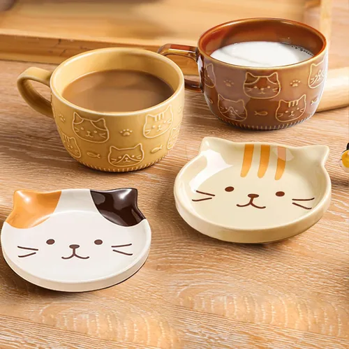Miniatura 2 de BigNoseDeer 2 tazas lindas de cerámica Kawaii con gato, taza de café con tapa, tazas de té y platillos para postre, regalos lindos para amantes