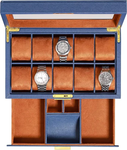 Miniatura 23 de ROTHWELL Caja de reloj de cuero de 10 ranuras con cajón de valet, organizador de exhibición de lujo con forro de microgamuza ultrasuave, soporte