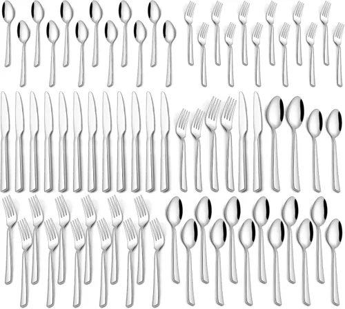 Juego de cubiertos de 60 piezas para 12, juego de vajilla de acero inoxidable que incluye cucharas/tenedores/cuchillos, juego de cubertería Yoehka
